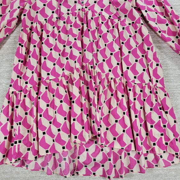 Zara Geometric Babydoll Dress Womens Medium Pink High Low Tunic Tiered Loose Fit - Picture 7 of 13